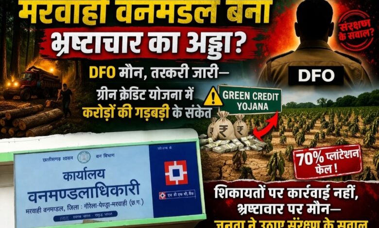 मरवाही वनमंडल बना भ्रष्टाचार का अड्डा? DFO मौन, तस्करी जारी—ग्रीन क्रेडिट योजना में करोड़ों की गड़बड़ी के संकेत मरवाही वनमंडल बना भ्रष्टाचार का अड्डा? DFO मौन, तस्करी जारी—ग्रीन क्रेडिट योजना में करोड़ों की गड़बड़ी के संकेत