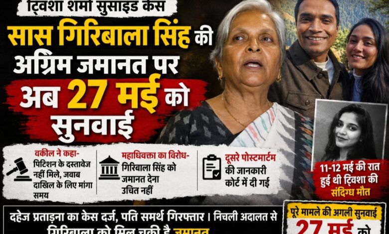 भोपाल के बहुचर्चित ट्विशा शर्मा सुसाइड केस में बढ़ी हलचल, सास गिरिबाला सिंह की अग्रिम जमानत पर अब 27 मई को सुनवाई