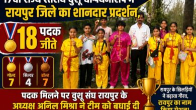 *17वीं राज्य स्तरीय वुशू चैम्पियनशिप में रायपुर जिले का शानदार प्रदर्शन, 18 पदक जीते:पदक मिलने पर वुशू संघ रायपुर के अध्यक्ष अनिल मिश्रा ने टीम को दी बधाई*