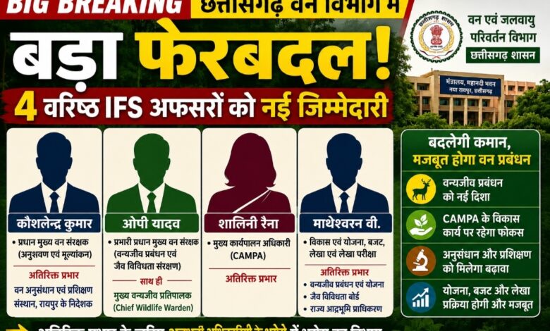 छत्तीसगढ़ वन विभाग में बड़ा फेरबदल: 4 वरिष्ठ IFS अधिकारियों को मिली नई जिम्मेदारियां, वन्यजीव से लेकर CAMPA तक बदली कमान