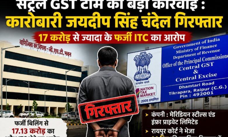 सेंट्रल GST की बड़ी कार्रवाई: 17 करोड़ से ज्यादा के फर्जी ITC घोटाले में कारोबारी जयदीप सिंह चंदेल गिरफ्तार सेंट्रल GST की बड़ी कार्रवाई: 17 करोड़ से ज्यादा के फर्जी ITC घोटाले में कारोबारी जयदीप सिंह चंदेल गिरफ्तार