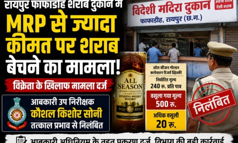MRP से ज्यादा कीमत पर बिक रही थी शराब, फाफाडीह शराब दुकान में कार्रवाई; आबकारी उपनिरीक्षक कौशल किशोर सोनी निलंबित