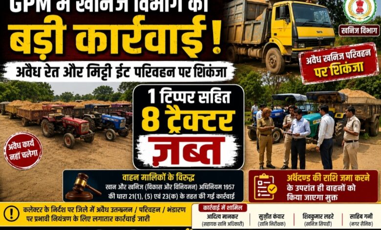 जी. पी. एम.खनिज विभाग की बड़ी कार्रवाई: अवैध रेत और मिट्टी ईंट परिवहन पर शिकंजा, 1 टिप्पर सहित 8 ट्रैक्टर ज़ब्त जी. पी. एम.खनिज विभाग की बड़ी कार्रवाई: अवैध रेत और मिट्टी ईंट परिवहन पर शिकंजा, 1 टिप्पर सहित 8 ट्रैक्टर ज़ब्त