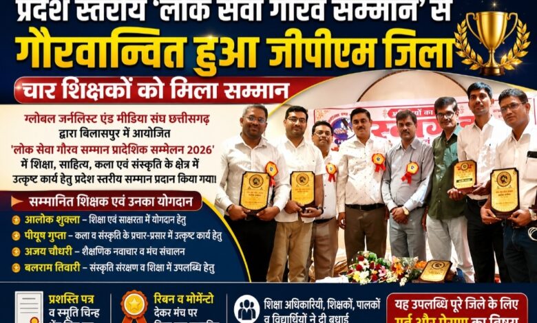 प्रदेश स्तरीय ‘लोक सेवा गौरव सम्मान’ से गौरवान्वित हुआ जीपीएम जिला, चार शिक्षकों को मिला सम्मान
