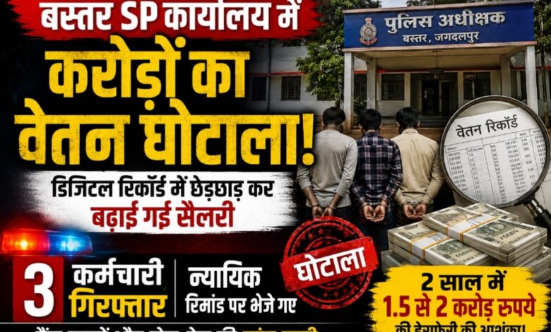 बस्तर एसपी कार्यालय में करोड़ों का वेतन घोटाला! डिजिटल रिकॉर्ड में छेड़छाड़ कर बढ़ाई गई सैलरी, तीन कर्मचारी गिरफ्तार