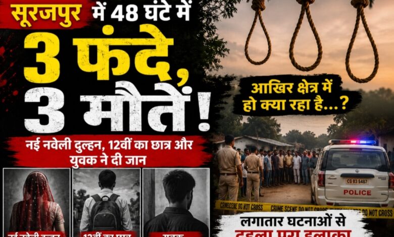 सूरजपुर में 48 घंटे में 3 फंदे, 3 मौतें! नई नवेली दुल्हन, 12वीं का छात्र और युवक ने दी जान, लगातार घटनाओं से दहला पूरा इलाका