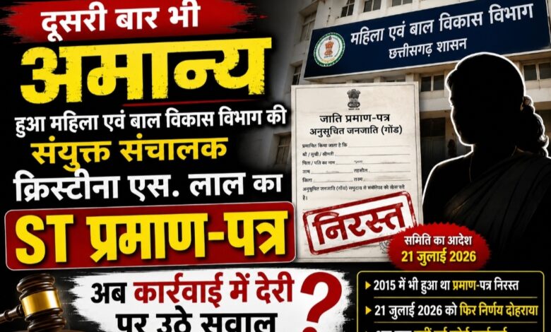 दूसरी बार भी अमान्य हुआ महिला एवं बाल विकास विभाग की संयुक्त संचालक क्रिस्टीना एस. लाल का ST प्रमाण-पत्र, अब कार्रवाई में देरी पर उठे सवाल