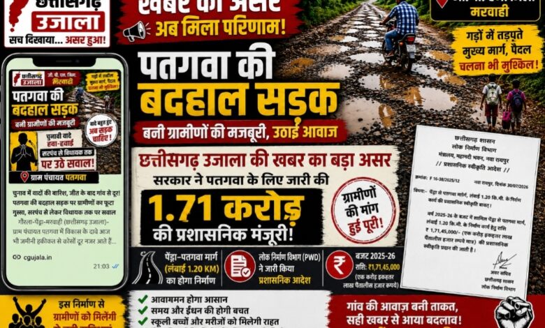 छत्तीसगढ़ उजाला की खबर का बड़ा असर: पेंड्रा–पतगवा सड़क निर्माण को मिली 1.71 करोड़ की प्रशासनिक मंजूरी