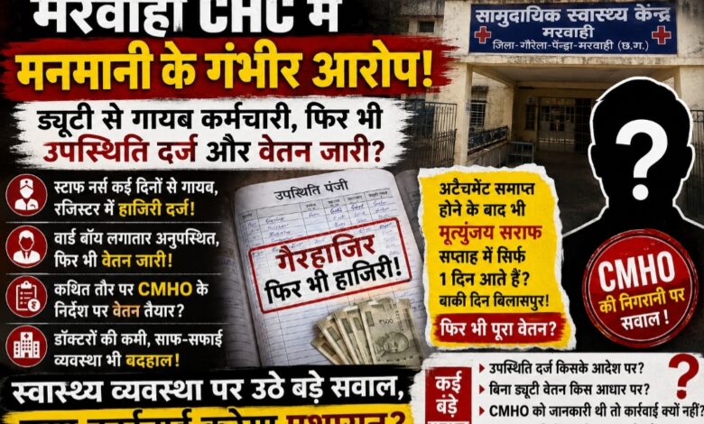 मरवाही CHC में मनमानी का आरोप! ड्यूटी से गायब कर्मचारी, रजिस्टर में हाजिरी और वेतन जारी? मृत्युंजय सराफ की पदस्थापना पर भी सवाल, CMHO की निगरानी कटघरे में