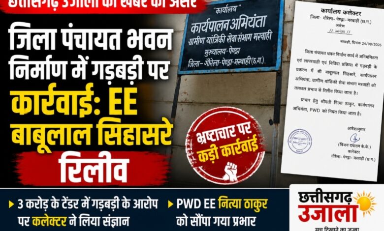 छत्तीसगढ़ उजाला की खबर का असर: जिला पंचायत भवन निर्माण में गड़बड़ी के आरोपों के बीच EE बाबूलाल सिहासरे रिलीव, PWD EE नित्या ठाकुर को प्रभार